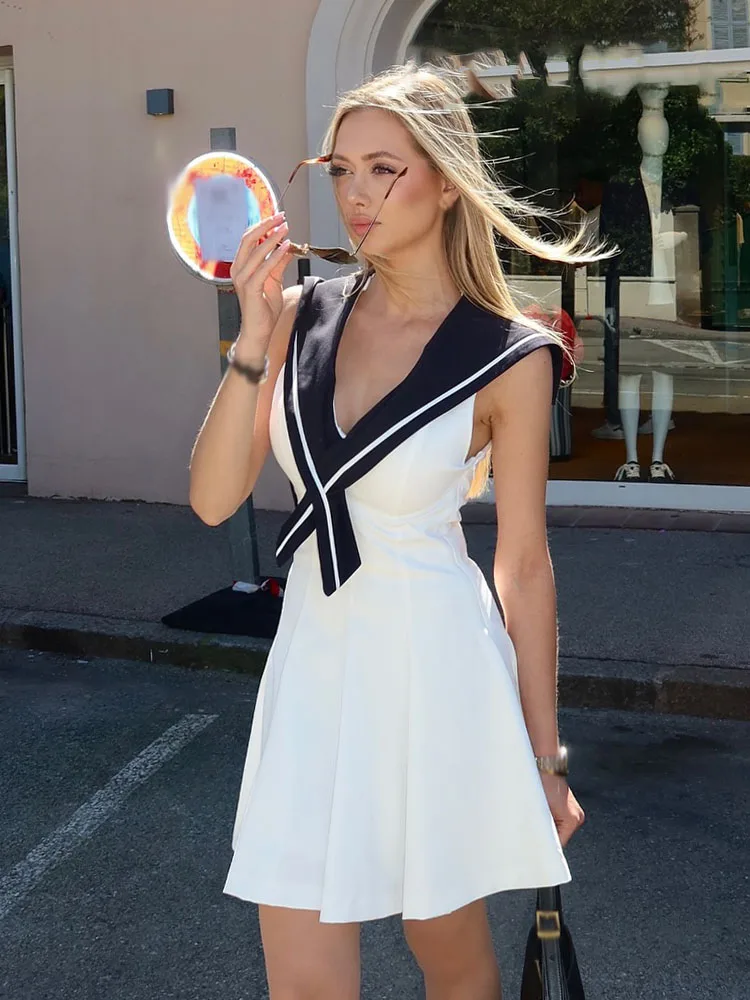 HH Vrouwen 2025, Zomer Mode Marine Stijl Sexy Slanke V-hals Witte Splicing Jurk Vrouwelijke Eenvoudige Elegante Rits Mouwloze Jurk