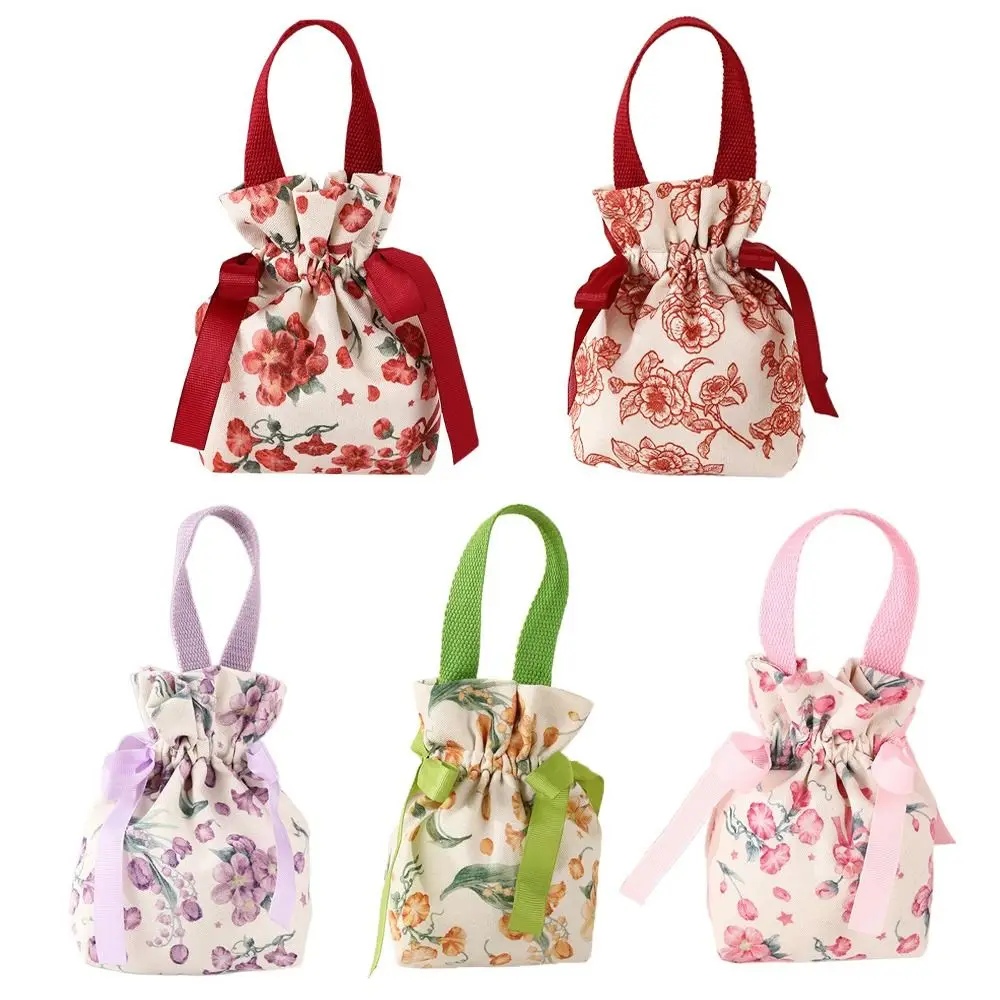 Ribbon Bow Canvas Flower Drawstring Bag Floral Large Capacity Small Flower Wrist Bag Korean Style Bucket Bag Bowknot Handbag