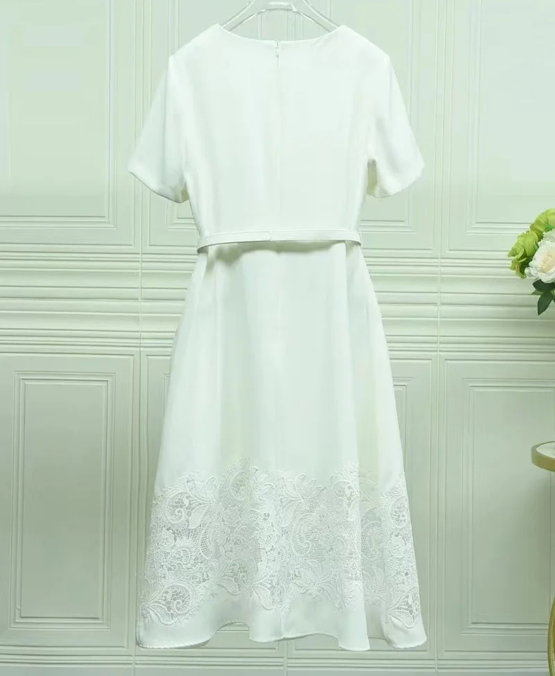 High Quality Brand New Summer Dress 2024 Women Crochet Lace Embroidery Short Sleeve Midi White Black Green Party Elegant Dress