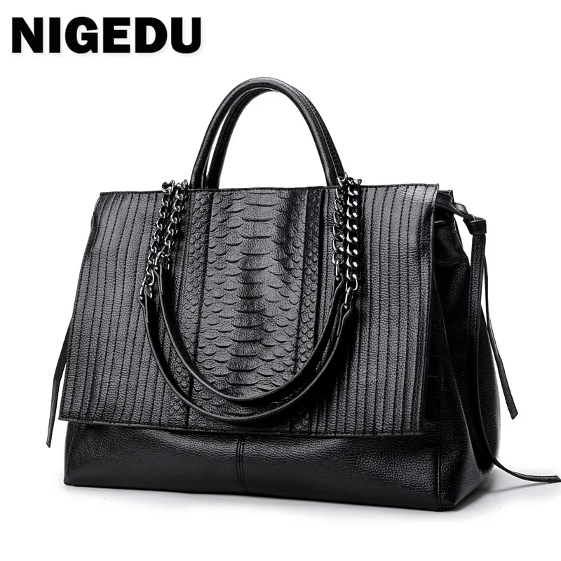 NIGEDU Brand design women handbag luxury Simple crocodile leather handbags Chain Women\'s shoulder bag black big Totes bolsas