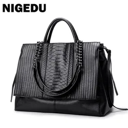 NIGEDU Brand design women handbag luxury Simple crocodile leather handbags Chain Women's shoulder bag black big Totes bolsas