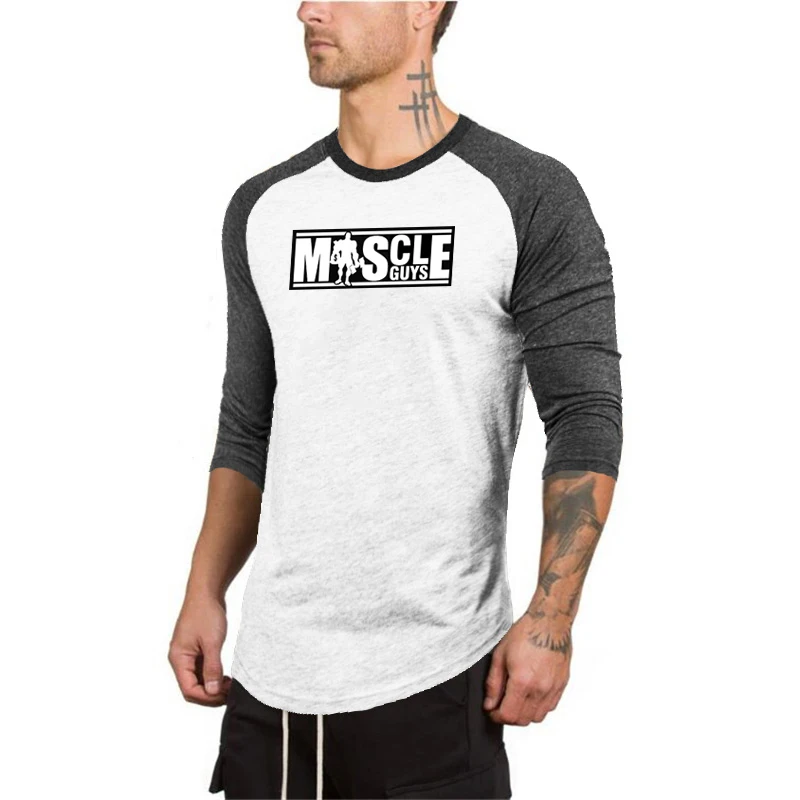 Autumn Cotton SAbsorb Sweat Lim Fit T-Shirts Mens Casual Sport Three Quarter Sleeve Shirts Gym Fitness Bodybuilding Muscle Tops