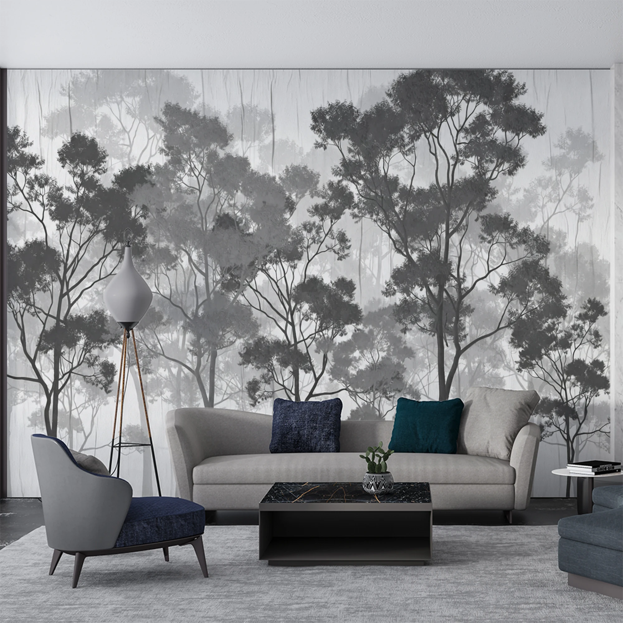 Custom 3D Black Grey Misty Forest Wall Mural  Foggy Tree  Wallpaper Minimal Nature Landscape Wall Decor for   Bedroom