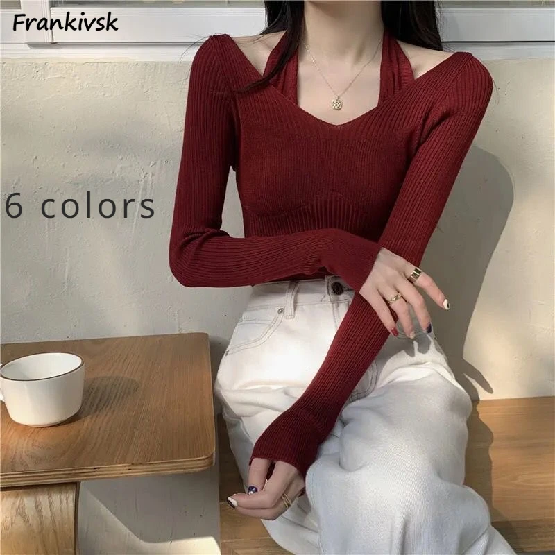 

Halter Sweaters Women Slim Solid Autumn Winter Tender Fake Two Piece Knitwear Sexy Office Lady Korean Style Sweet Daily Advanced