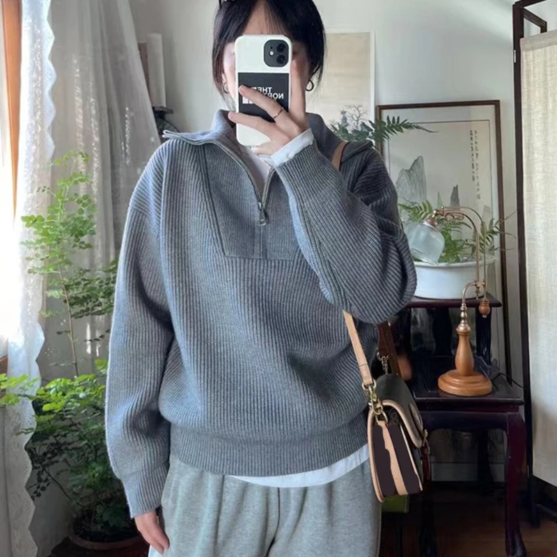 

Autumn Winter Turn Down Collar Sweater Woman Korean Solid Color Loose Turtleneck Jumper Woman Half Zip Long Sleeve Knit Puppver