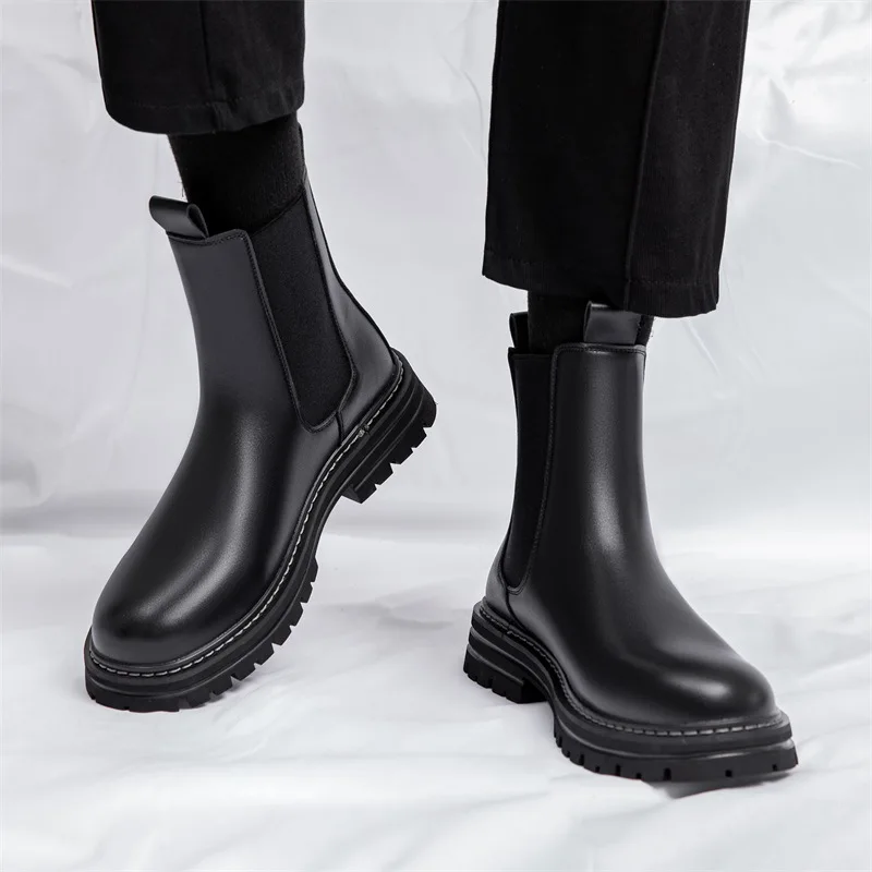 

men fashion chelsea boots black tide genuine leather shoes party nightclub dress high top cowboy boot platform ankle botas mans