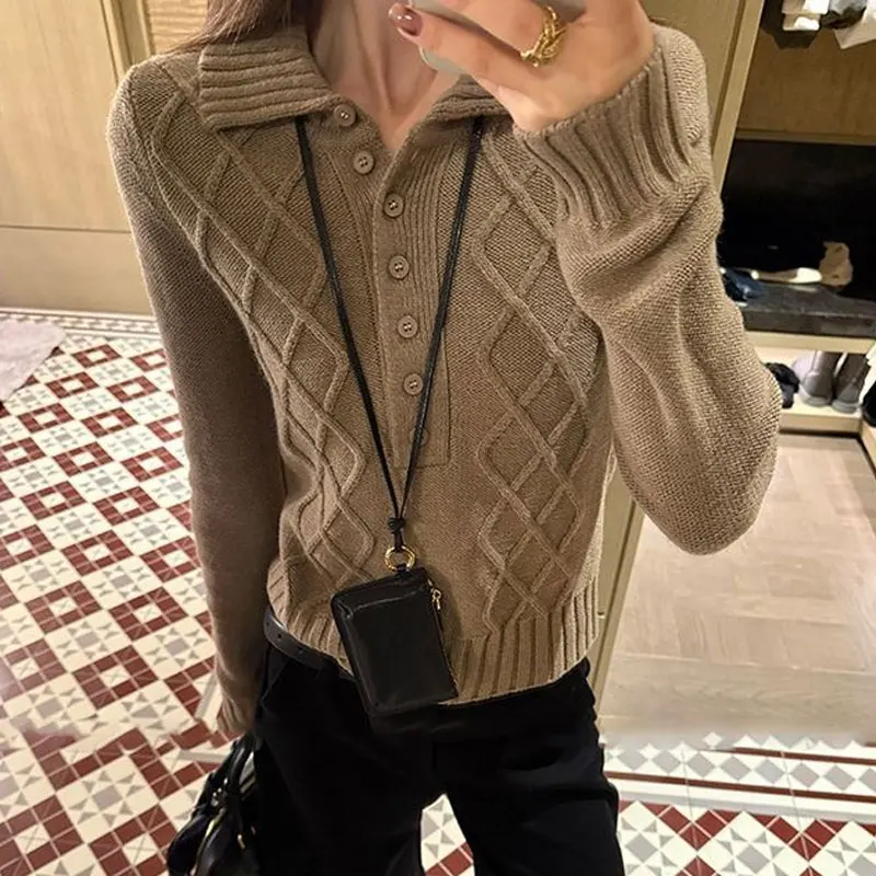 الأساسية خمر بلون محبوك البلوفرات الملابس النسائية بدوره إلى أسفل طوق زر الخريف الشتاء عارضة طويلة الأكمام البلوزات #6