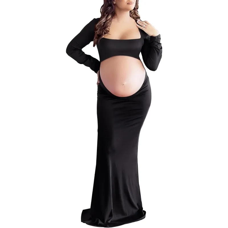 Cut Out Maternity Dress for Photos Open Belly Long Sleeve Photography Gown Square Neck Maternity Outfit Dresses