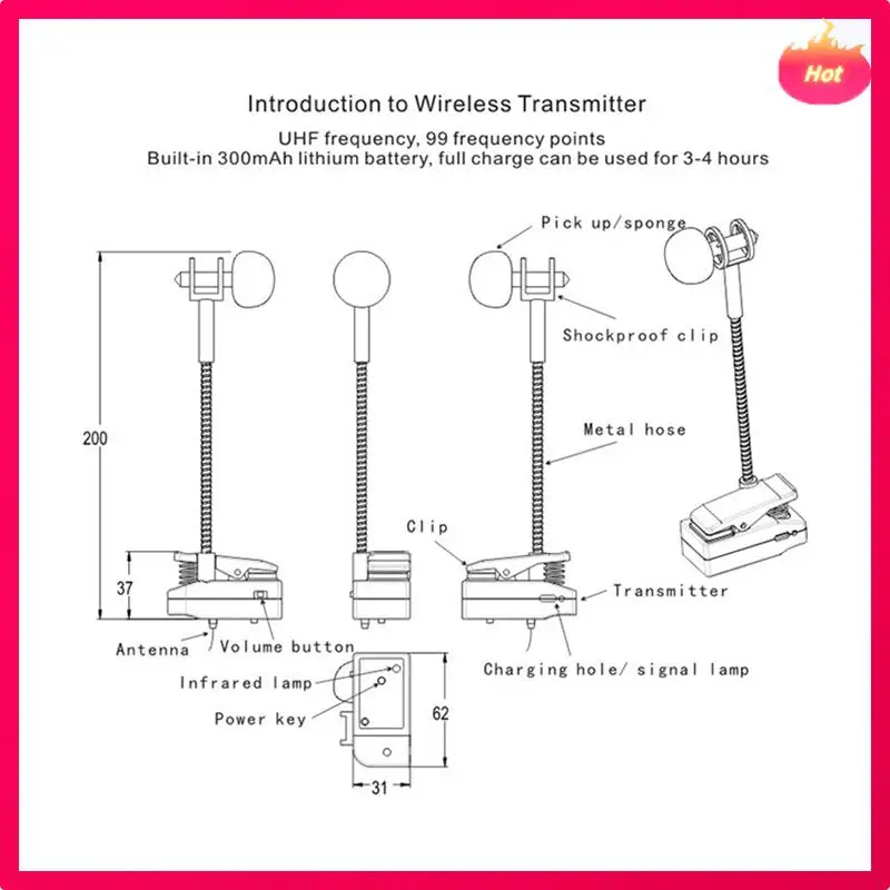 

Multi Saxophone Professional Wireless Microphone UHF Gooseneck Voice Recording Live Show For Saxophone Trumpet Sax Horn Tuba