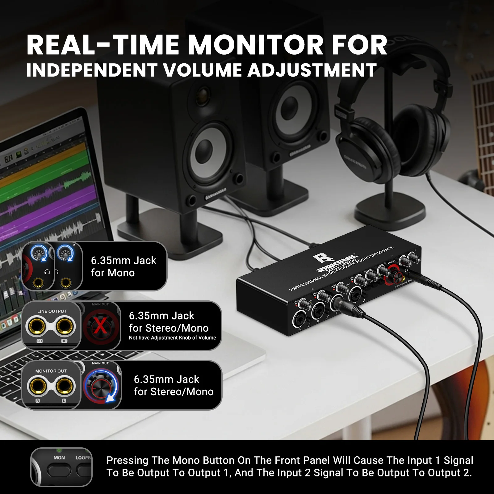 USB Audio Interface for PC, 2i2 Computer Audio Interface for Recording Music, Portable Interfaz de Audio Mixer for Studio Beginn
