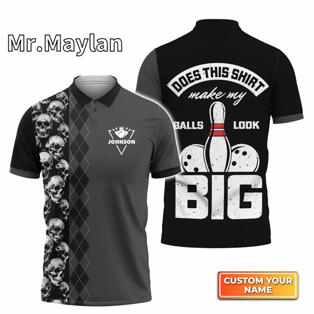 Customized Black Gray Blue Bowling Ball Skull 3D Print Polo Shirt Custom Name Team Shirts Men's Gift For Bowling Lover Tops D-55