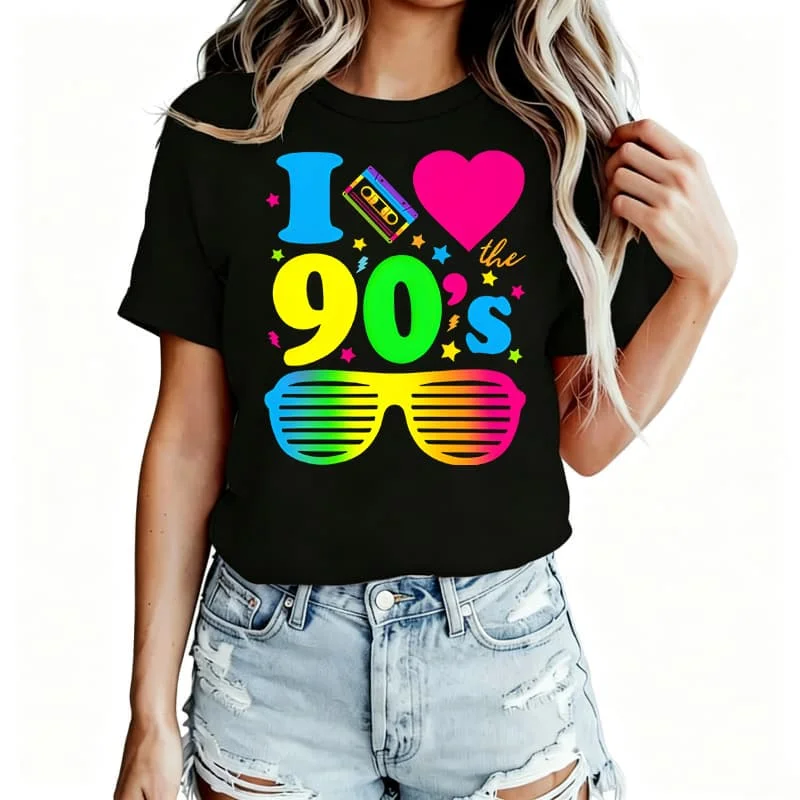 90S I Heart the Nineties Print Women's T-Shirt 100% Cotton Funny Graphic Short Sleeve Tee Novelty Shirt Casual Crew Neck Top S-5Xl