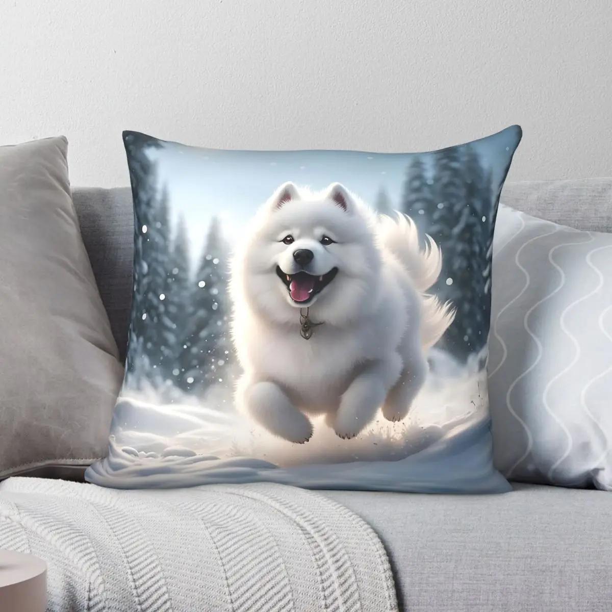 Samoyed Playing In The Snow Pillowcase Polyester Linen Velvet Creative Zip Decorative Throw Pillow Case Room Cushion Cover