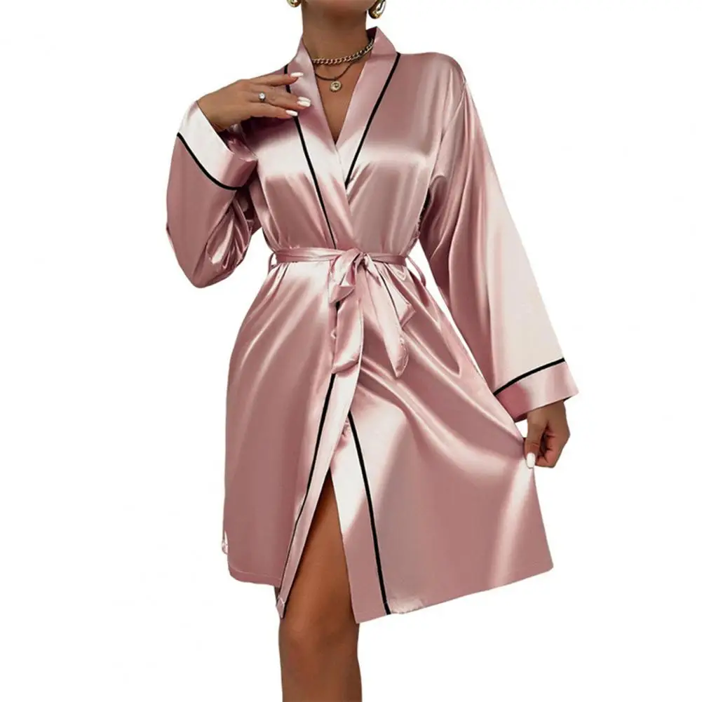 Women Silk-like Pajama Set Satin V Neck Nightgown with Adjustable Waist Tie for Imitation Silk Sleepwear for Parties