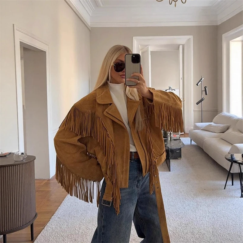 

Retro Brown Lapel Tassel Jackets Women's Fashion Long Sleeve Zipper Loose Short Coat 2025 New Autumn Daily High Street Outwear