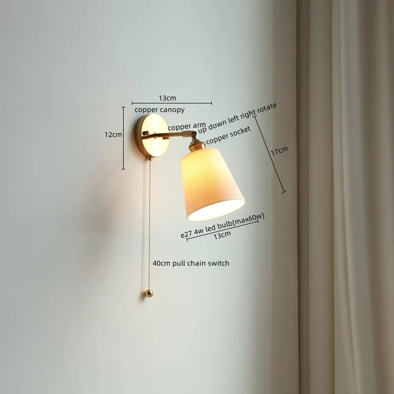 IWHD Bathroom Mirror LED Wall Lamp Sconce Vintage Style Ceramic Bedroom Living Room Bar Stair Light Copper Pull Chain Switch