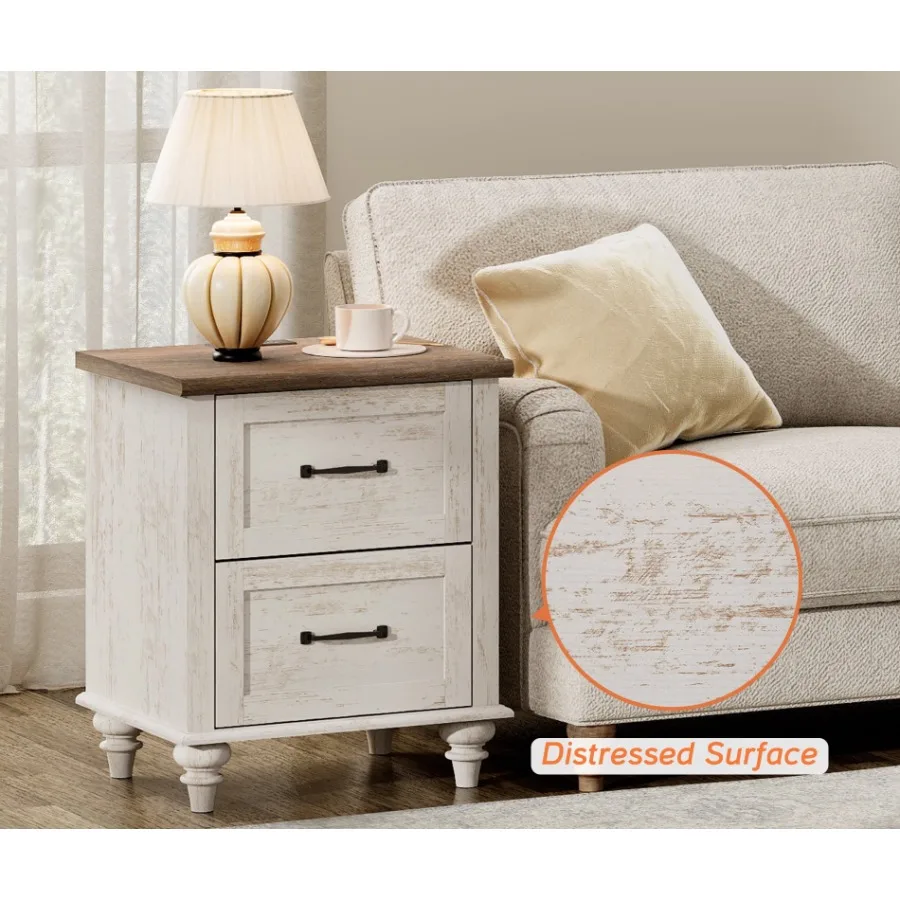 Antique White End Table with 2 Drawers Wooden Side Table Nightstand with Charging Station for Living Room and Bedroom view 6