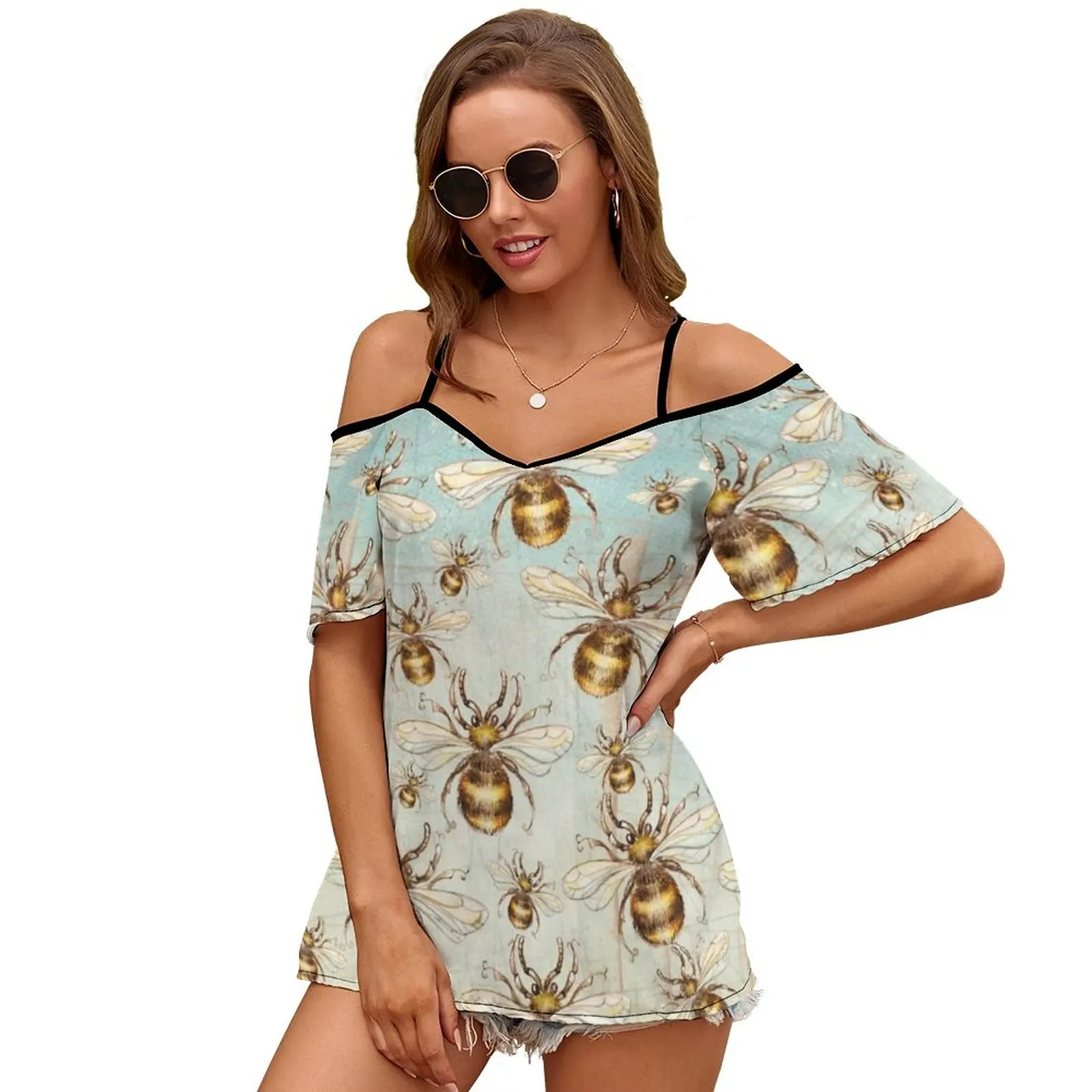 Bees Print O-Neck Off-The-Shoulder Top Short-Sleeved T-Shirt Ladies Streetwear Insect Bee Yellow Queen Fly Sky Vintage Grunge