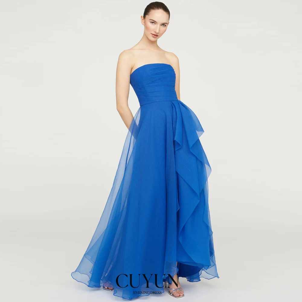 

CUYUN Blue Women Prom Dresses Strapless Ruffled High Slit Party Gown Customized A Line Strapless Backless Evening Gown 2025