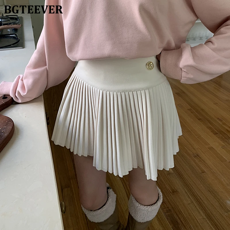 BGTEEVER Stylish High Waist Single Button Female Pleated Mini Skirts Autumn Winter Casual Loose Women Solid A-line Skirts