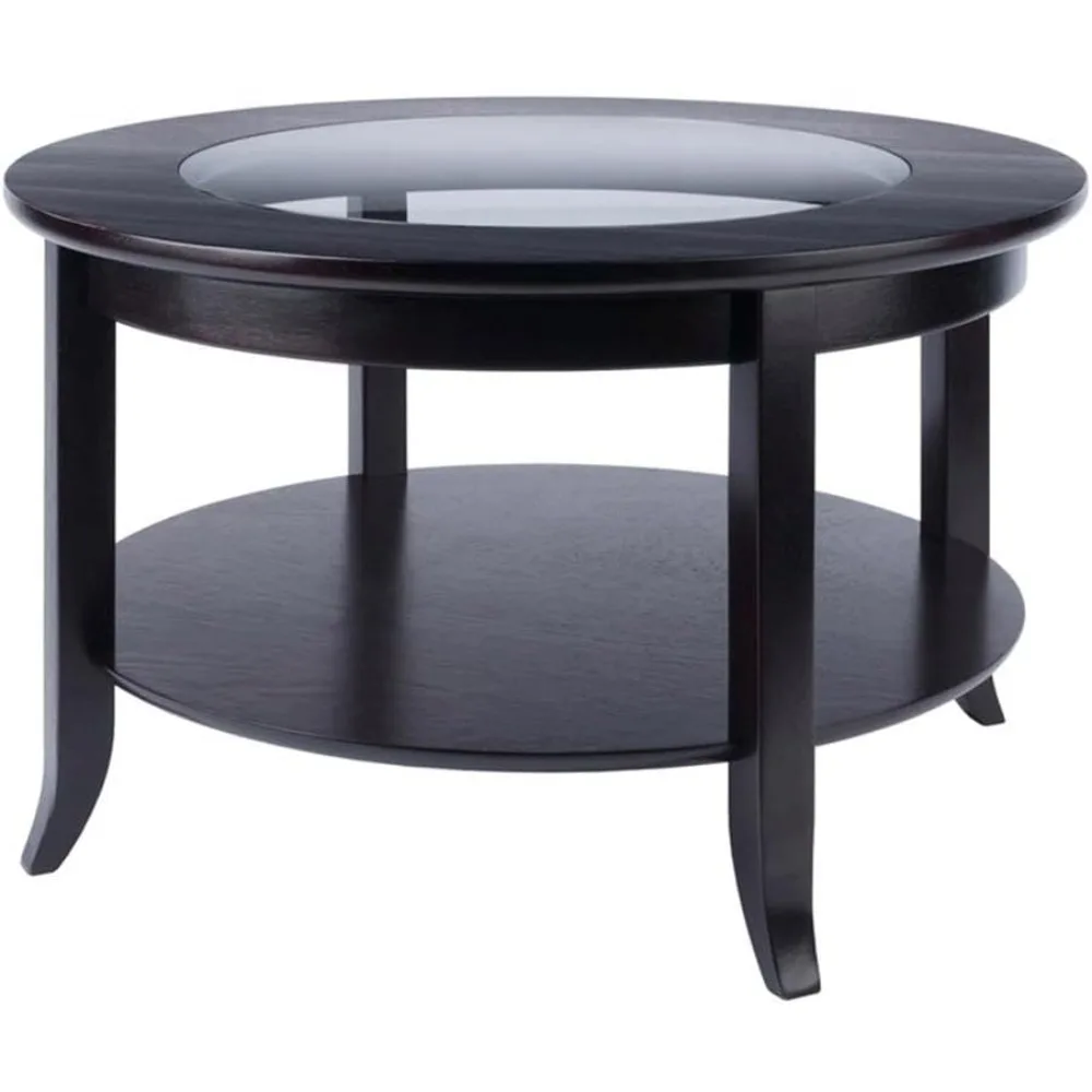 Contemporary Round Wood Coffee Table with Glass Top in Dark Espresso
