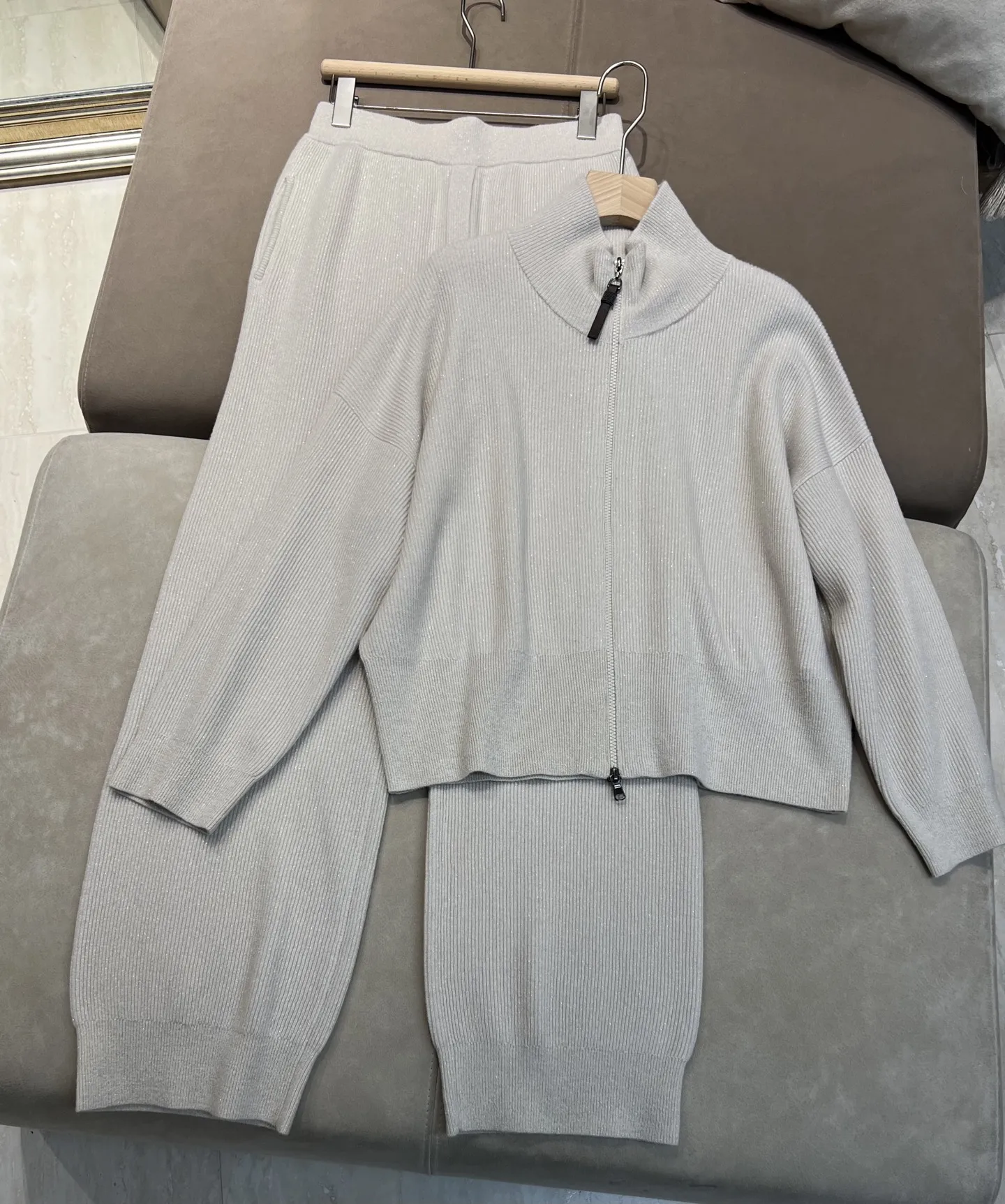 Women's Autumn/Winter Wool Set: Zip-Up Turtleneck Cardigan and High-Waisted Knit Pants