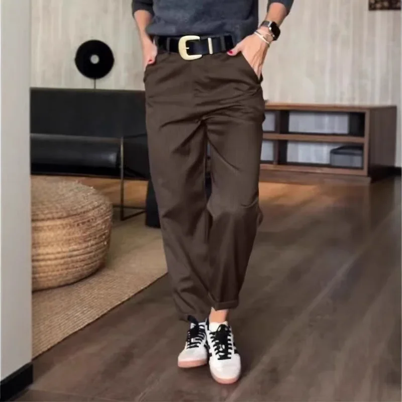 여성 봄 가을 하이웨이스트 심플 스트레이트 디자인 팬츠 바지 루즈 풀 렝스
