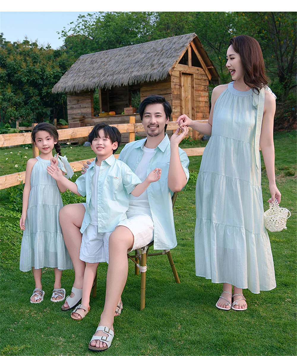 Family Matching Outfits French-style mambo Sleeveless dress family of Mother Daughter matching Set  Father And Son T-Shirt