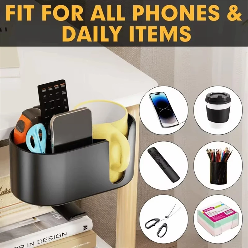 1pc Black 2-in-1 Aluminum Alloy Desk Cup Holder Multi-Functional Clamp-On ABS Plastic Clip Cup Holder Organizer for Desk Storage