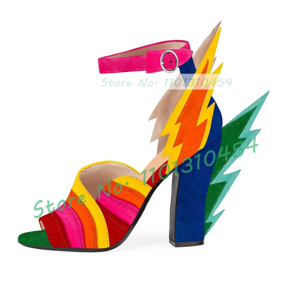 

Multicolor Lightning Design Block Heel Sandals Ladies Summer Open Toe Rainbow Flock Shoes Party Casual Ankle Strap Chic Sandals