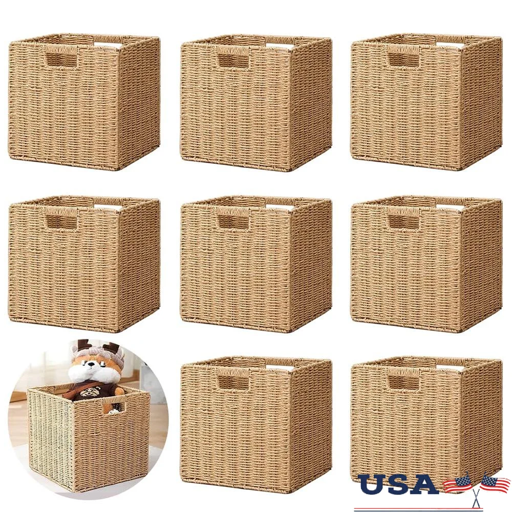 Set of 8 Hand-Woven Paper Rope Storage Cubes Foldable Wicker Bins Organizer Square Eco-Friendly Durable Material 11.8 Inch Size