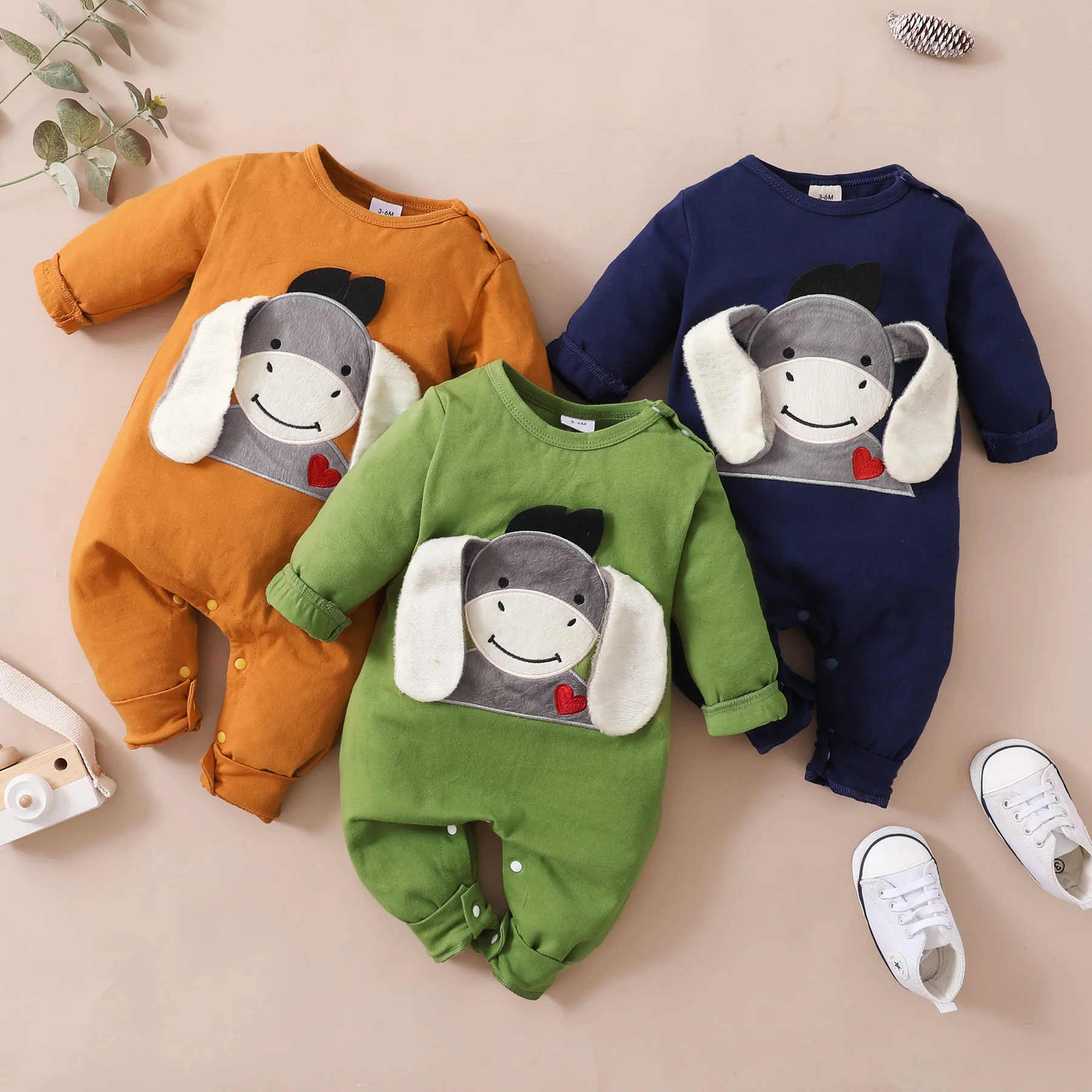 PatPat New Spring and Autumn Baby Boys / Girls Jumpsuits Donkey Embroidery 3D Ear Design Long-sleeve Jumpsuit for Baby Clothes