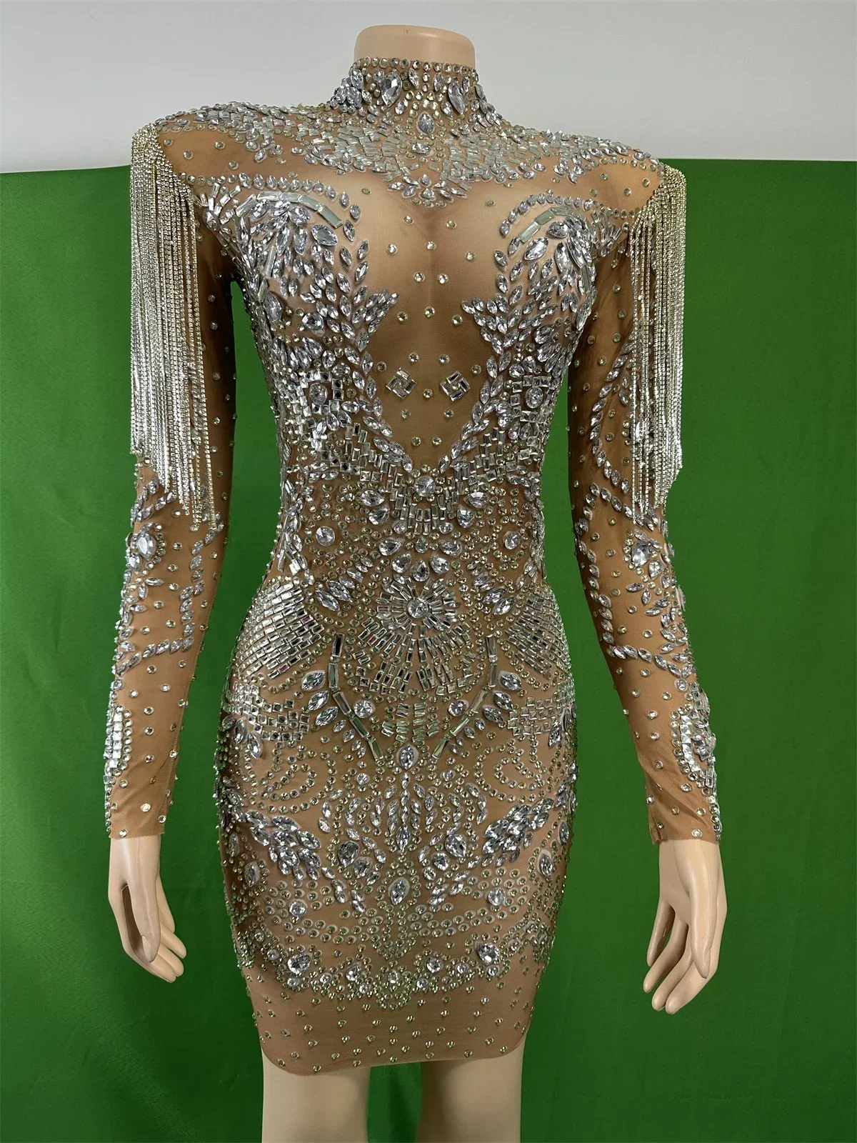 فستان حجر الراين الكامل اللامع للنساء انظر من خلال تمتد حفلة عيد ميلاد الحفر مرحلة ارتداء أداء سحب الملكة زي