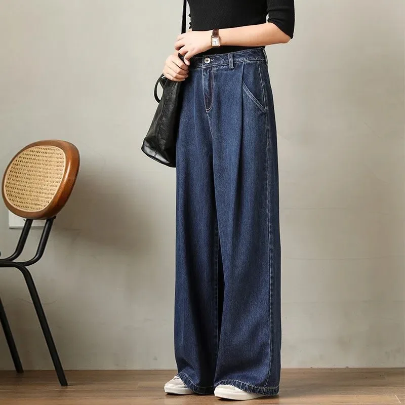 Women\'s Oversize Elastic High Waist Wide Leg Jeans Autumn Women Vintage High Quality Casual Baggy JeansWash Straight Trousers