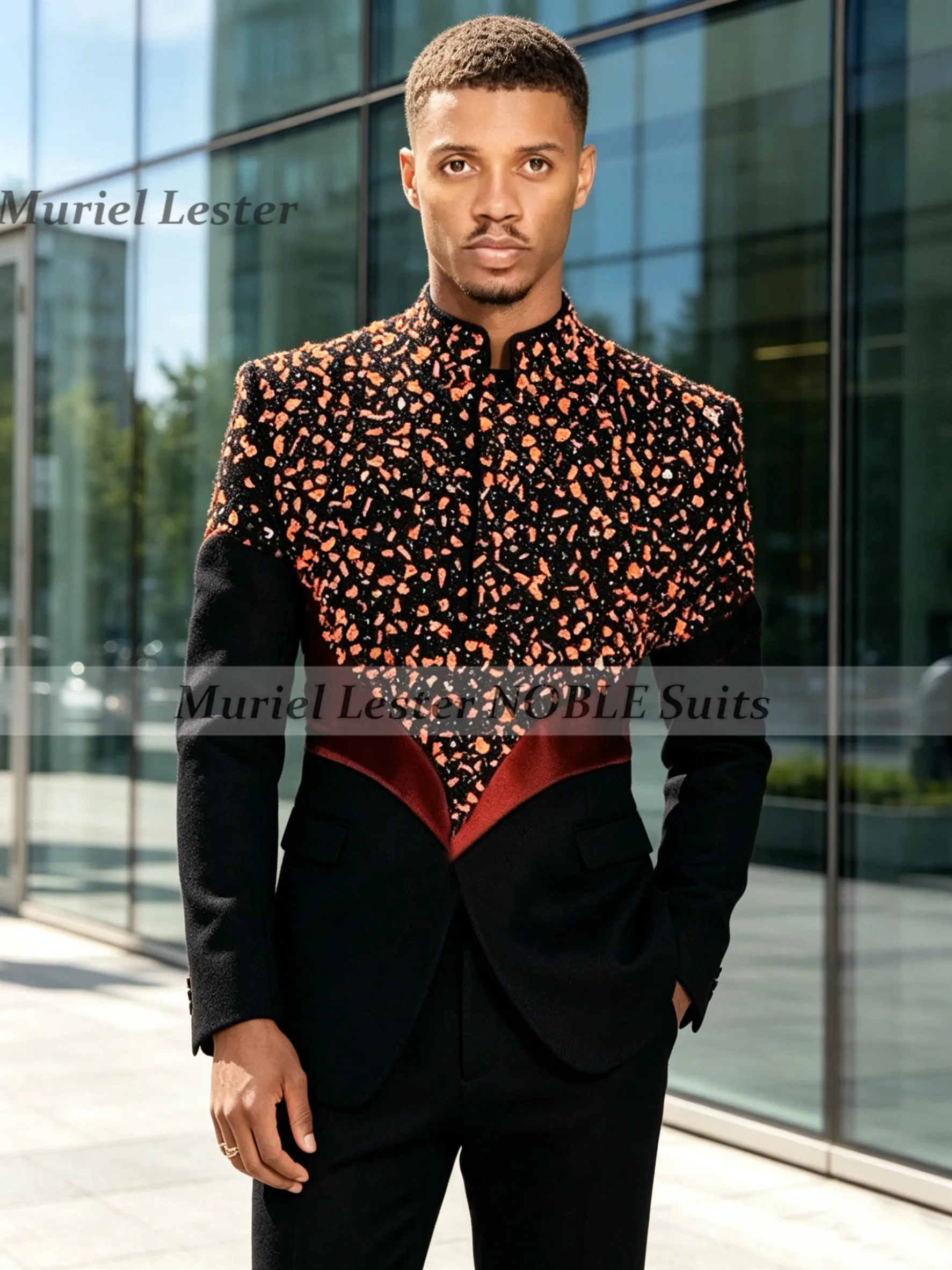 

Luxury Crystals Beads Suit Man Formal Wear Chinese Style Jacket Pants 2 Pieces Customized Groom Tuxedo Terno Masculinos Completo