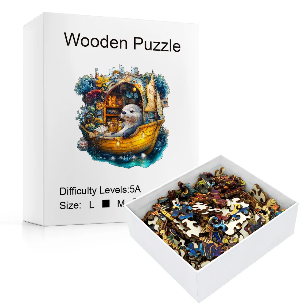 Otter In Floating Boat Library Wooden Puzzle, Fantasy Ocean Jigsaw For Gift & Home Decoration With Unique Creature Cutouts