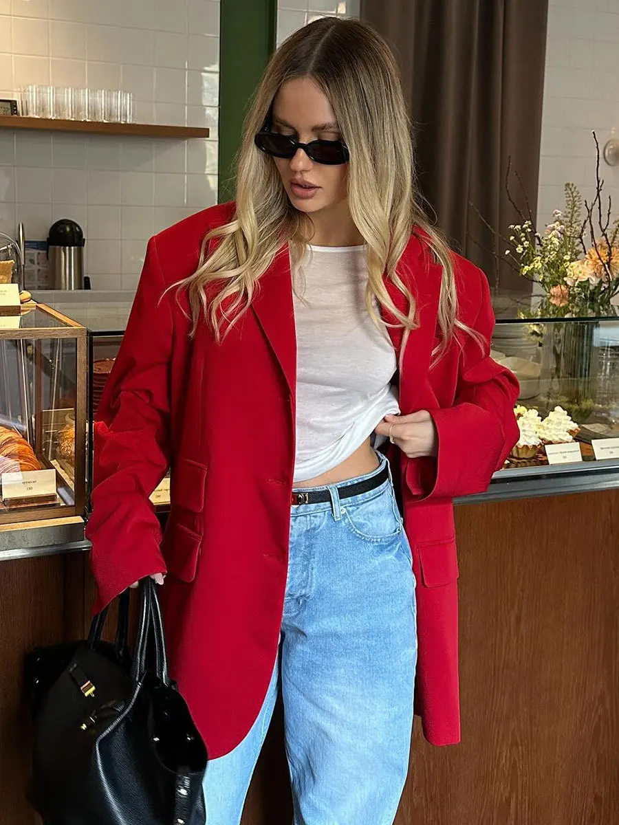 

Elegant Red Lapel Long Sleeve Fitted Blazer Chic 2024 Fall Coat For Ladies Fake Double Pocket Office Cozy Outwear Women Coat