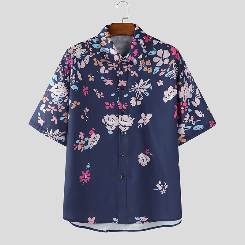 INCERUN الرجال قميص الأزهار الطباعة التلبيب قصيرة الأكمام زر الرجال الملابس الصيف عطلة الشارع الشهير عادية قمصان هاواي الرجال