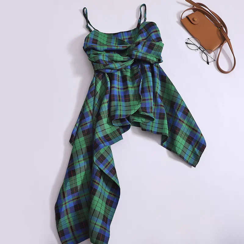 Women's Summer Outsider Tank Tops Off Shoulder Irregular Camisole Girl Vintage Plaid Camis Stretchy Back Tee