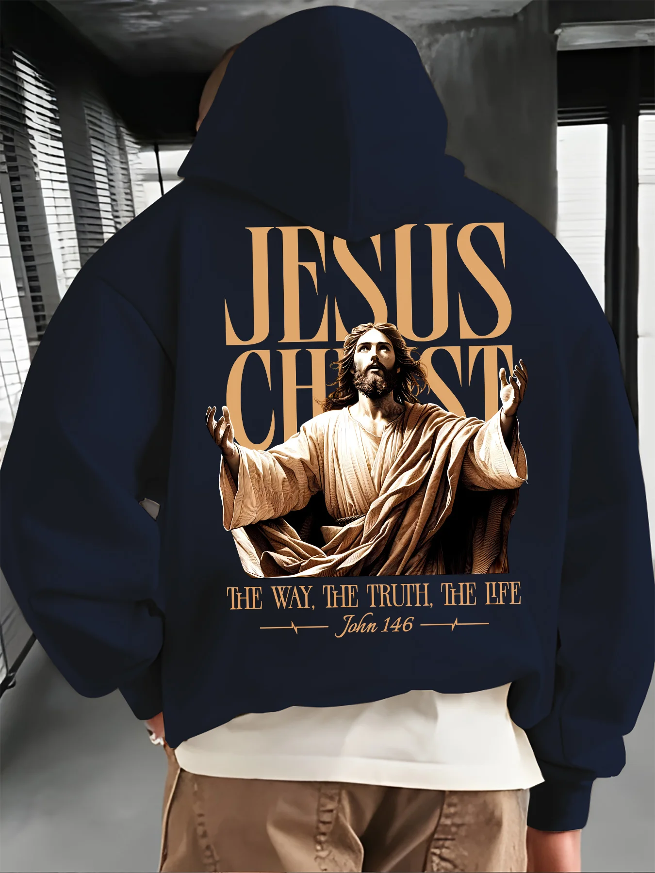 Jesus Print Fashion Trend Men Hooded Sweatshirt Autumn and Winter Daily Outdoor Sports Loose All Build Leisure Warm Street Style