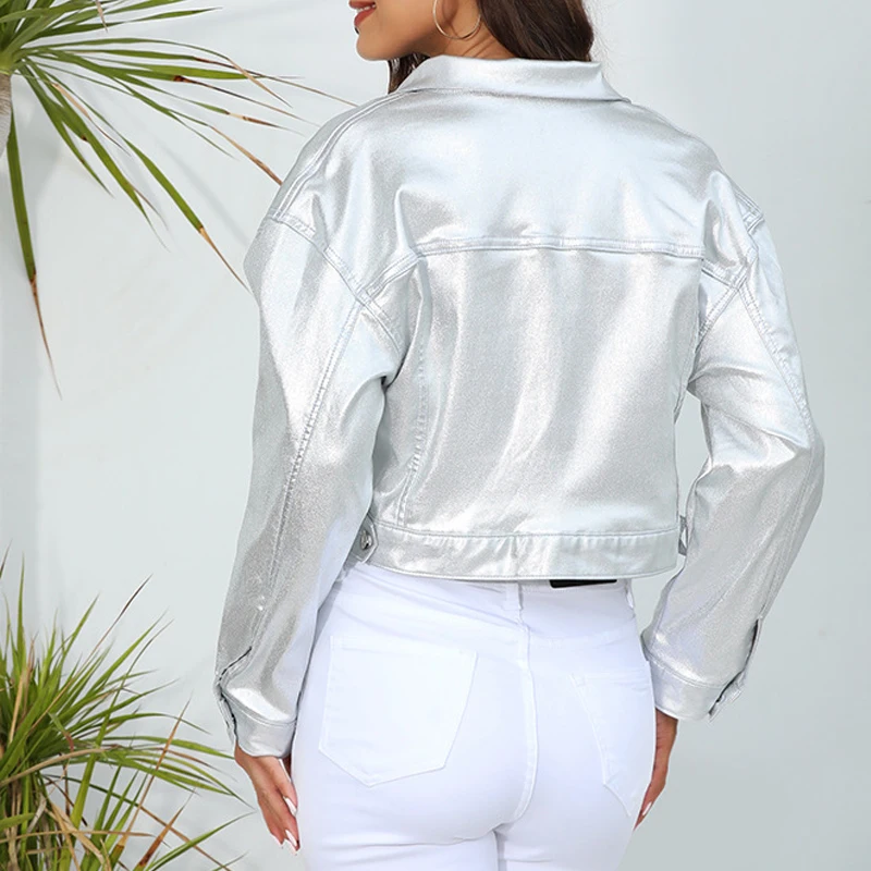 Trendy Faux Pu Leather Short Jacket Women Motorcycle Sexy Crop Top Bright Silver Fake Leather Coat  Night Club Outfits Clubwear