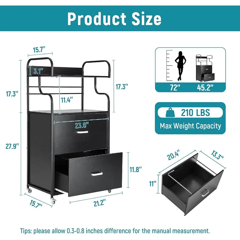 Vertical File Cabinet, 2 Drawer Mobile Filing Cabinet with 1 Bookshelf, Printer Stand Fits A4/Letter/Legal Size File Cabinets