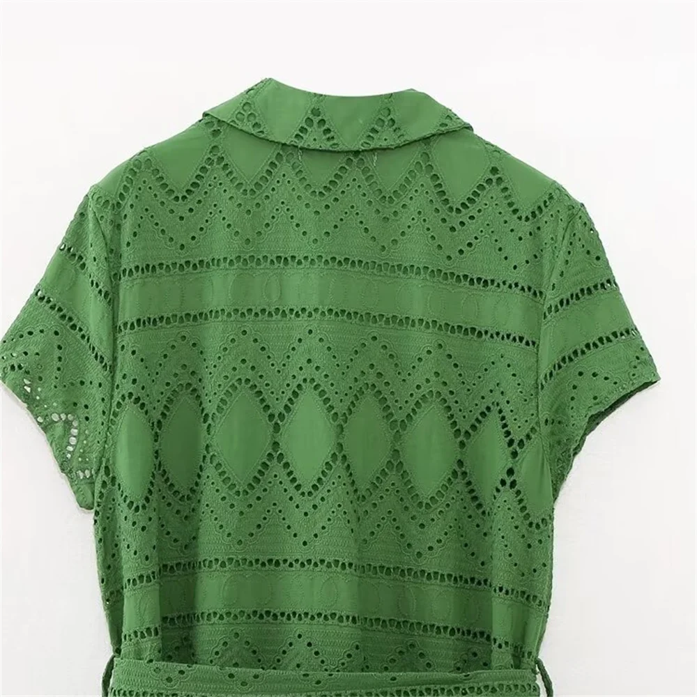 UNIZERA2024 Spring New Product Women's Belt with Lap Collar Short Sleeve Hollow out Embroidered Shirt Midi Dress