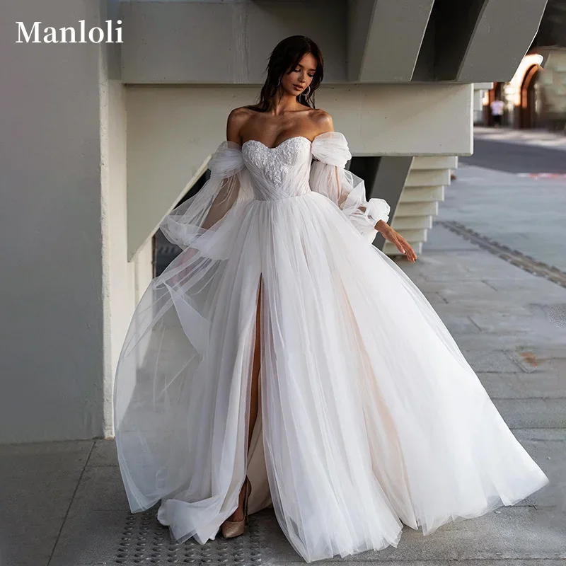 

Modern Sweetheart A-line Princess Wedding Dress Sexy Off Shoulder Fluffy Sleeves Lace Decal Bridal Dress Customization