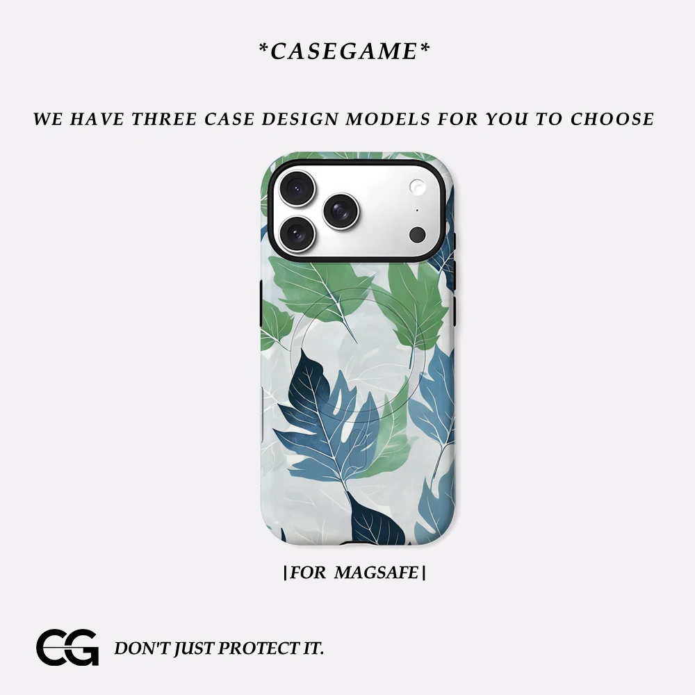 Casegame Matte Bumper für MagSafe Hülle für iPhone 17 16 15 14 Plus 13 Pro Max Stoßfeste Harte PC-Hülle Blau-Grünes Blattmuster Cover