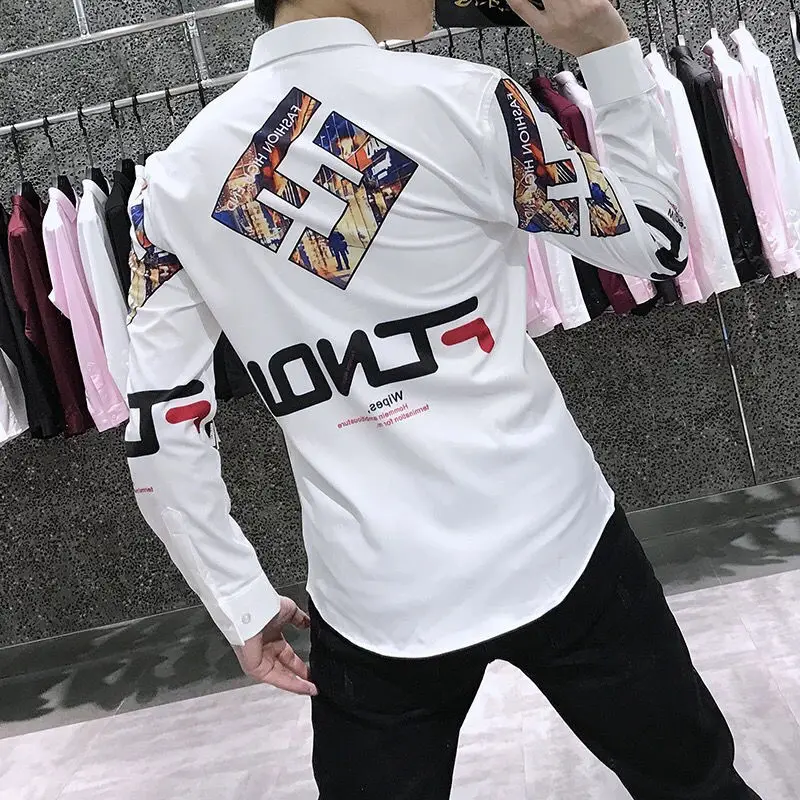 

Shirt men's 2022 autumn long sleeve luxury Korean printing casual trend slim tide brand shirt Joker