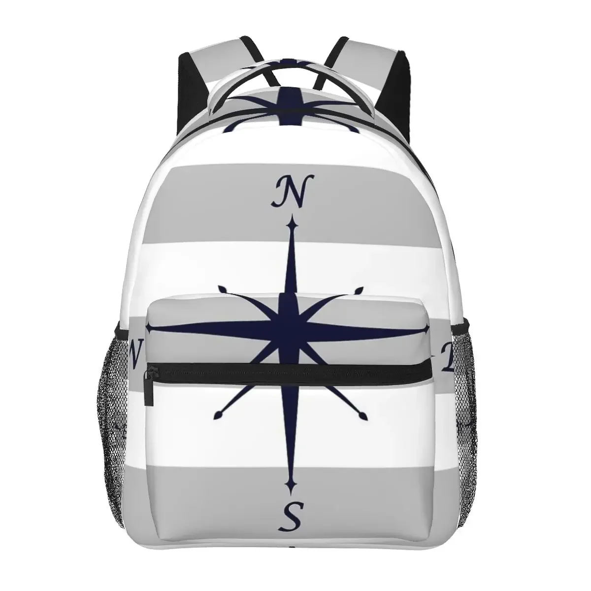 

Nautical Navy Blue Compass On Silver Gray And White Stripes Backpacks Boys Bookbag Children School Bags Rucksack Shoulder Bag