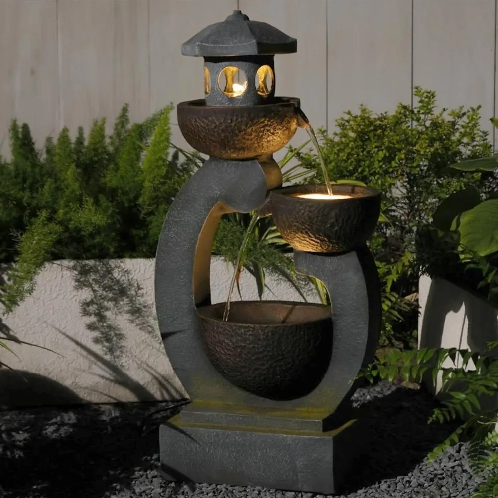 Fuente de agua Zen para exteriores, cuenco de fuente de cascada de Pagoda independiente Fengshui para jardín, con luces LED y Pum