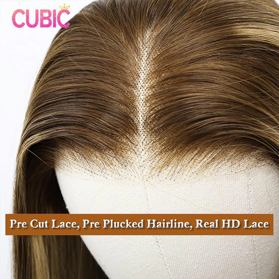 Ombre Highlight Lace Front Wig, perucas de cabelo humano retas coloridas, HD Transparente Lace Frontal Perucas, 13x4, 18-30 in, 4/27