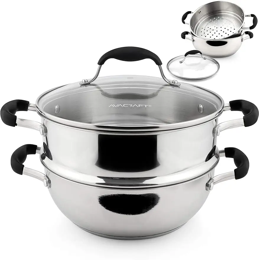 

18/10 3 Piece Stainless Steel Steamer Cooking Pot Set Steamer for Cooking, Steamer Pan Set with Glass Lid Momo